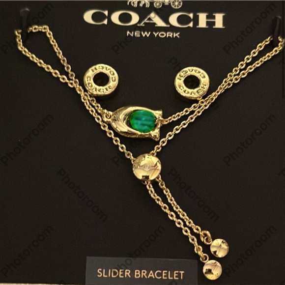 COACH New York  Slider Bracelet & Circle Logo Studs Earrings Green Malachite NIB - Picture 2 of 2
